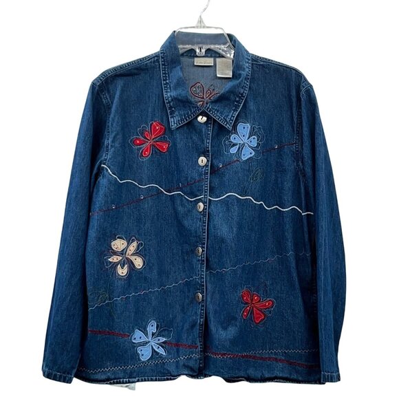 Vintage Early 2000s Bobbie Brooks Denim Blouse Womens L Floral Embroidered - Picture 1 of 16